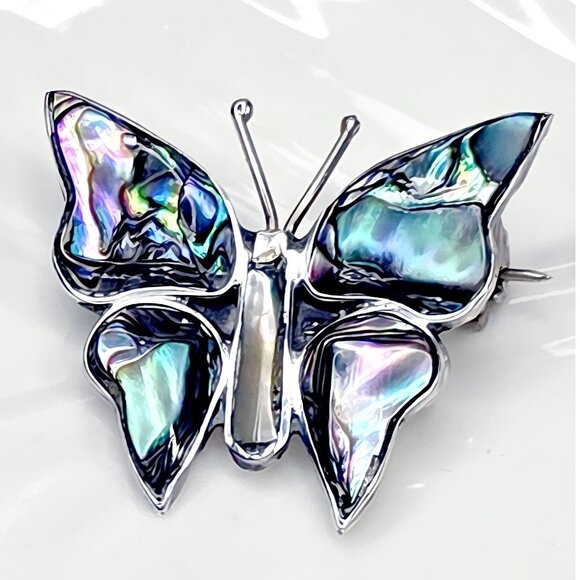 Vintage Taxco 925 Sterling Mexican Silver Abalone Iridescent Butterfly Brooch Pi - Picture 2 of 14